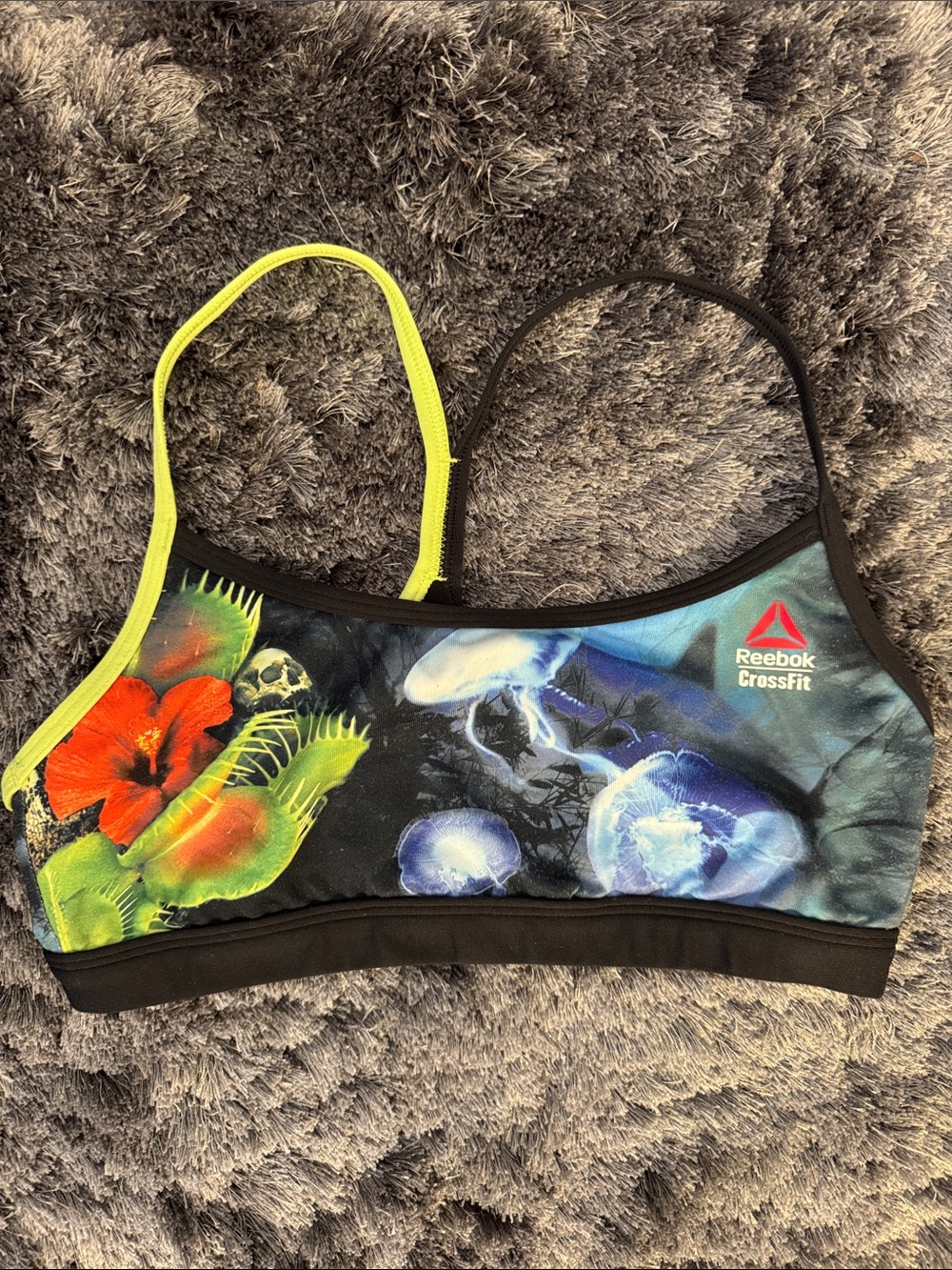 UNIQUE RARE Reebok Floral Skull & Jellyfish Print Sports Bra with Neon Strap